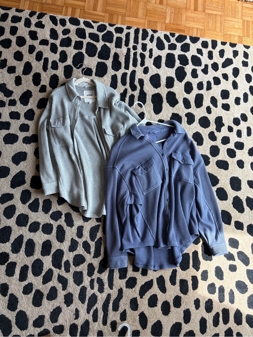 aerie Waffle-Knit Button-Down Shirt Jacket in Gray and Dusty Blue
